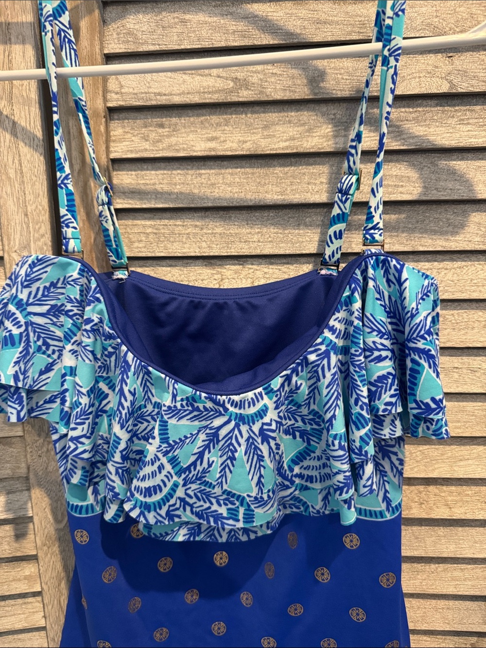 Blue Tropical Print Ruffle Tankini Top - Picture 2 of 7
